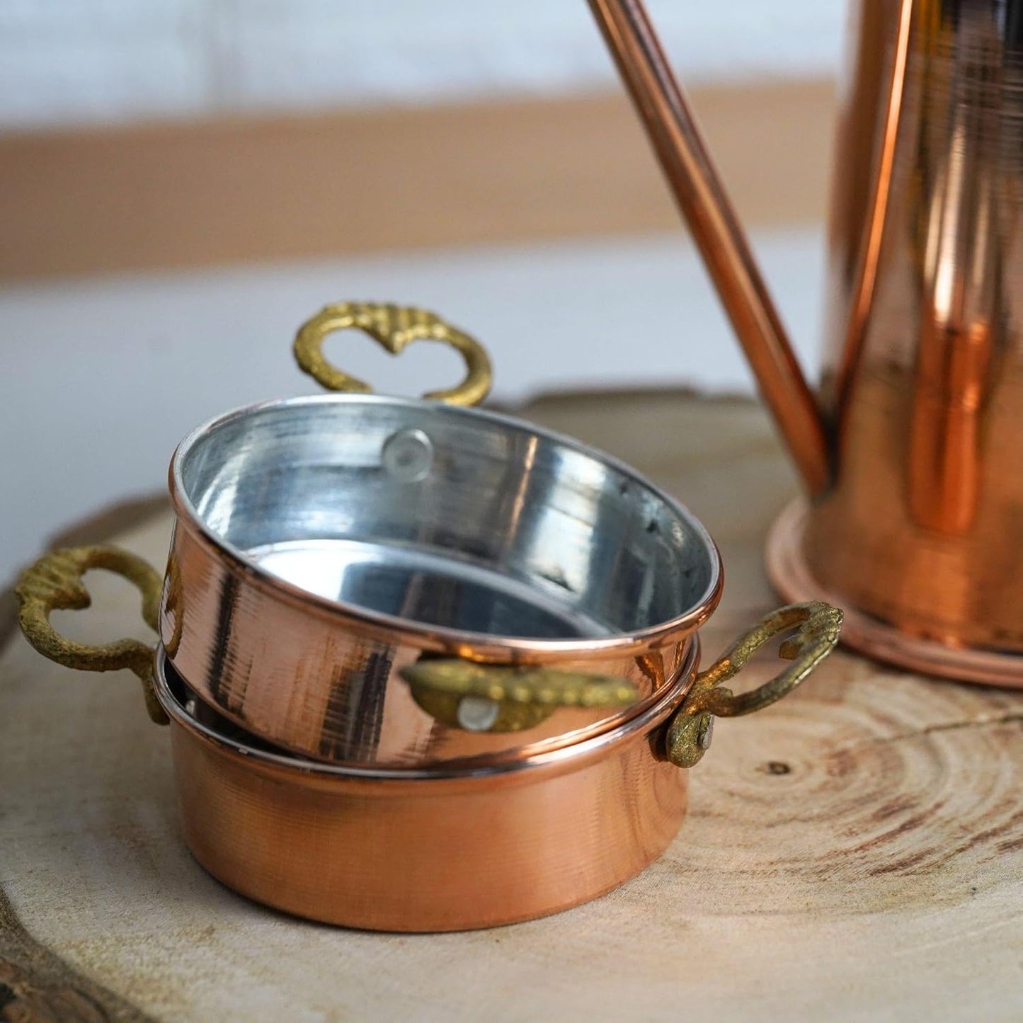 Handcrafted 600ml Copper Olive Oil Dispenser Pot with Dipping Set - Brass Crown - Pure Solid Copper