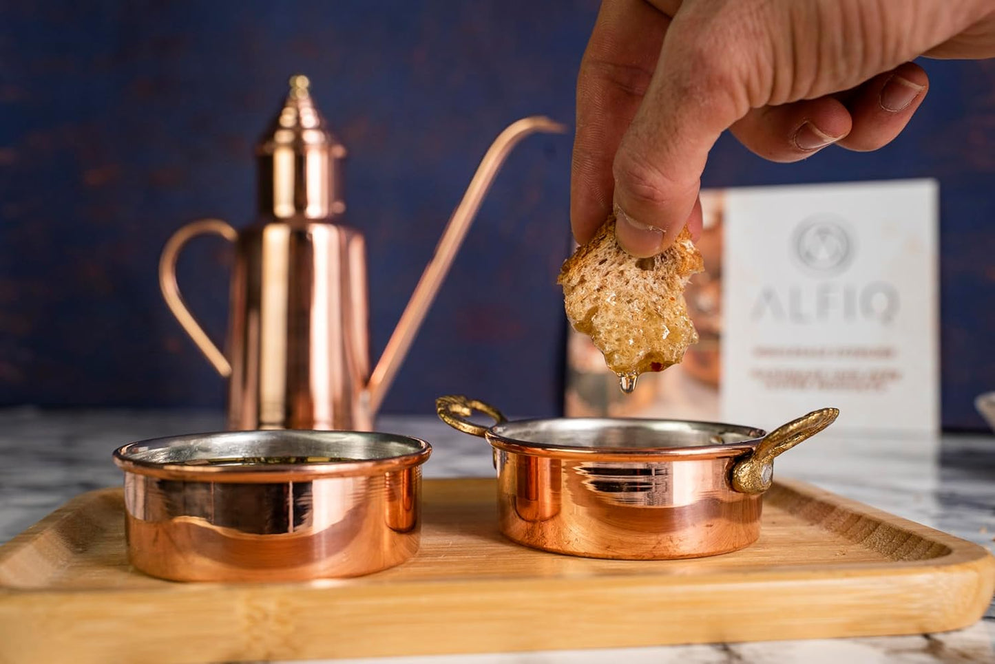 Handcrafted 600ml Copper Olive Oil Dispenser Pot with Dipping Set - Brass Crown - Pure Solid Copper