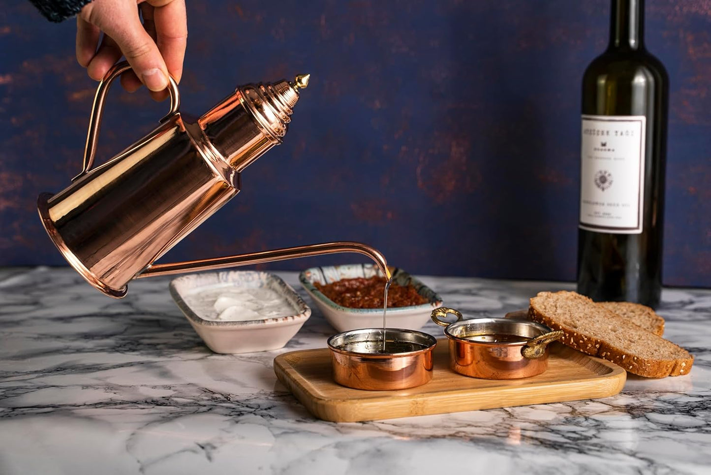 Handcrafted 600ml Copper Olive Oil Dispenser Pot with Dipping Set - Brass Crown - Pure Solid Copper