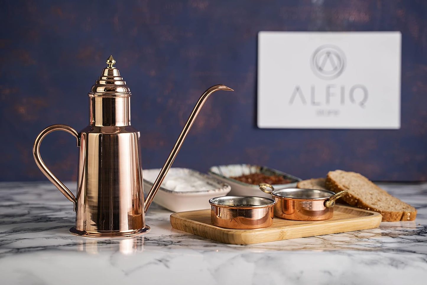 Handcrafted 600ml Copper Olive Oil Dispenser Pot with Dipping Set - Brass Crown - Pure Solid Copper