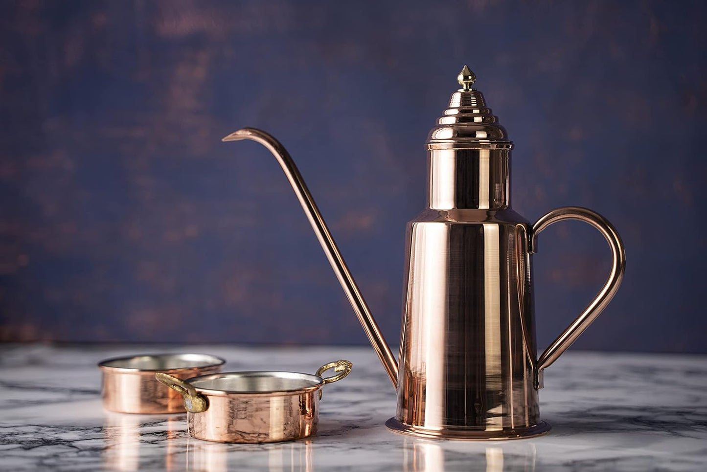 Handcrafted 600ml Copper Olive Oil Dispenser Pot with Dipping Set - Brass Crown - Pure Solid Copper