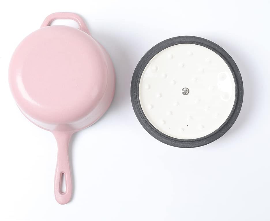 HAWOK Pink Enameled Cast Iron Mini Saucepan with Lid and Long Handle - 1QT