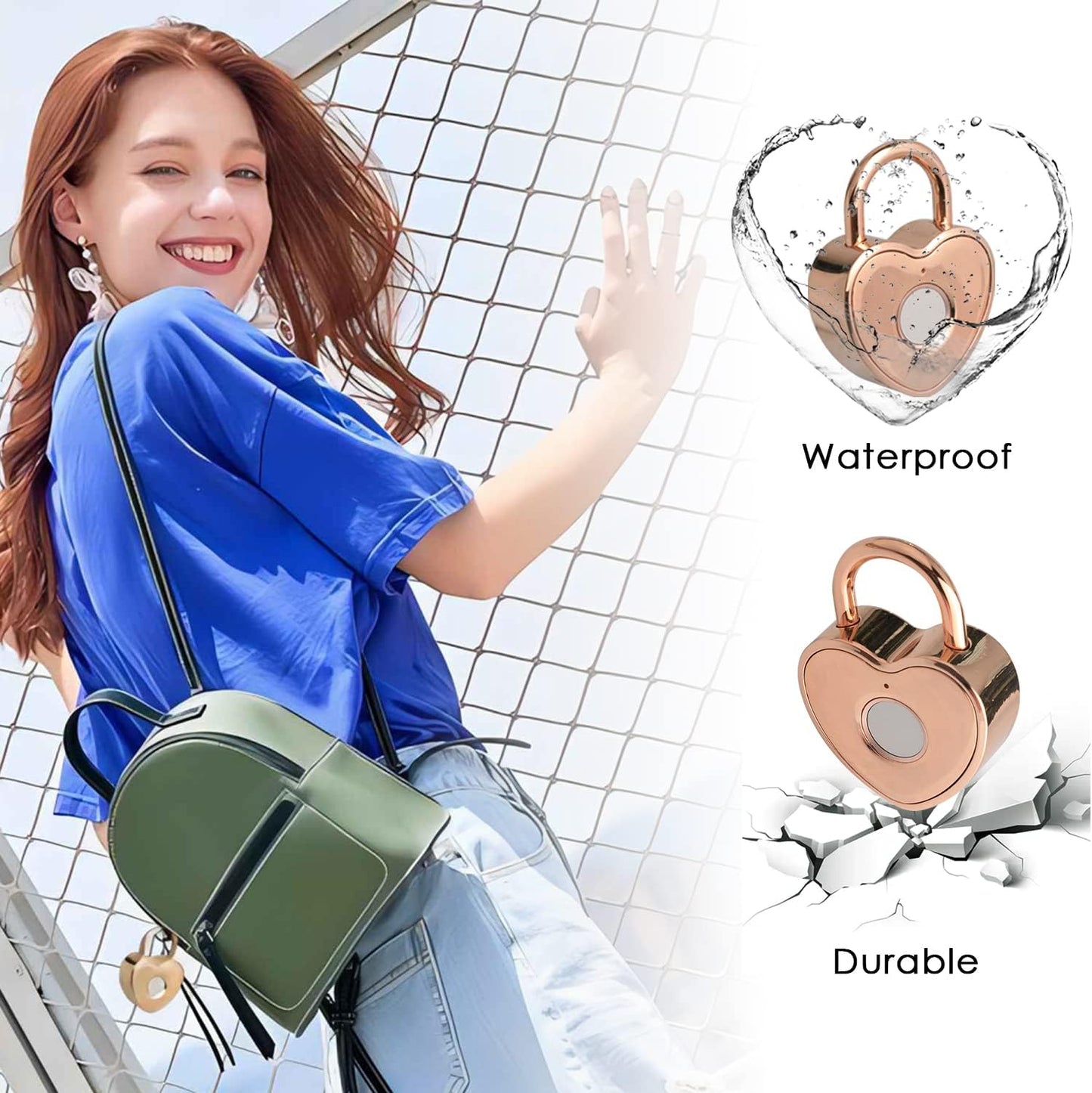 Heart-Shaped Fingerprint Padlock with 3 Replaceable Steel Cables and Rechargeable Cable