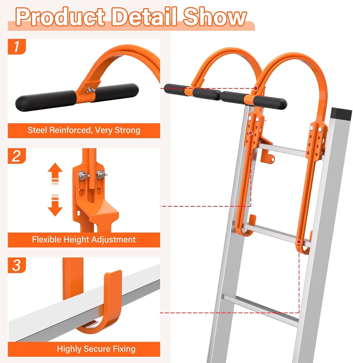 Heavy Duty 2 Pack Ladder Hooks for Roof Ridge with Wheel - Rubber Grip T-Bar, Load-Bearing Steel Bars Extension Ladder Stabilizer - 500 lbs Weight Capacity