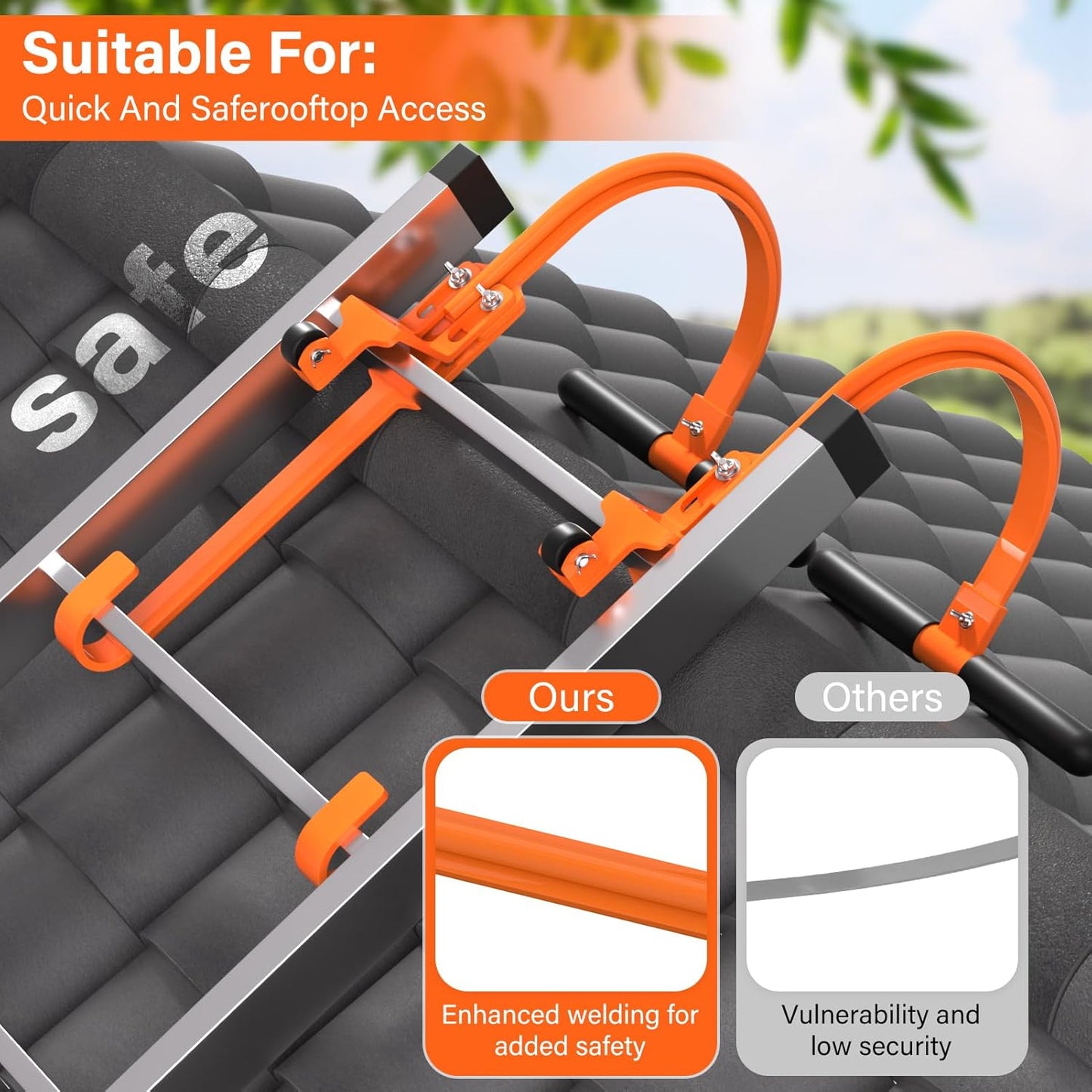 Heavy Duty 2 Pack Ladder Hooks for Roof Ridge with Wheel - Rubber Grip T-Bar, Load-Bearing Steel Bars Extension Ladder Stabilizer - 500 lbs Weight Capacity