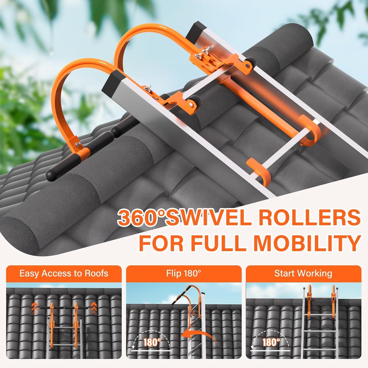 Heavy Duty 2 Pack Ladder Hooks for Roof Ridge with Wheel - Rubber Grip T-Bar, Load-Bearing Steel Bars Extension Ladder Stabilizer - 500 lbs Weight Capacity