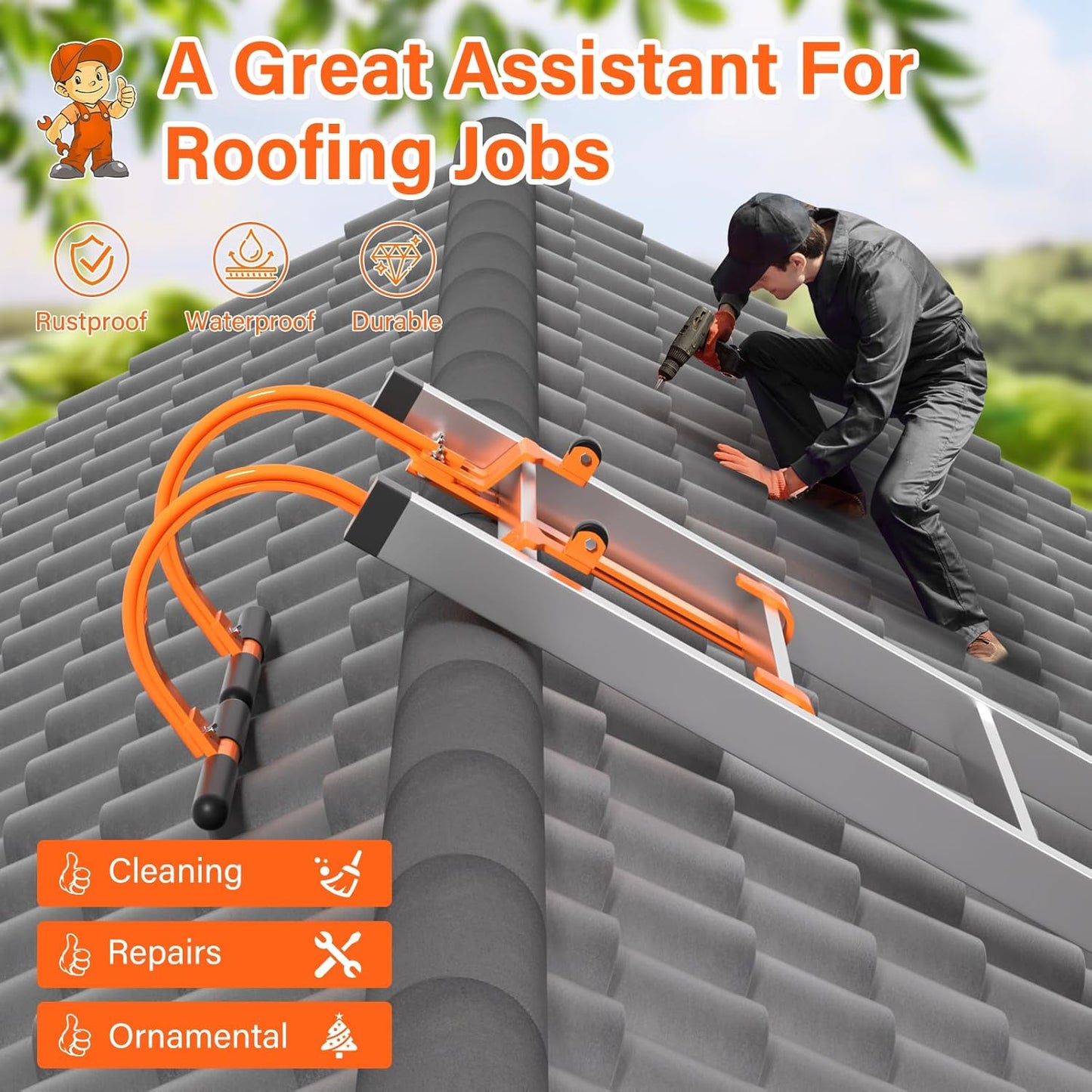 Heavy Duty 2 Pack Ladder Hooks for Roof Ridge with Wheel - Rubber Grip T-Bar, Load-Bearing Steel Bars Extension Ladder Stabilizer - 500 lbs Weight Capacity