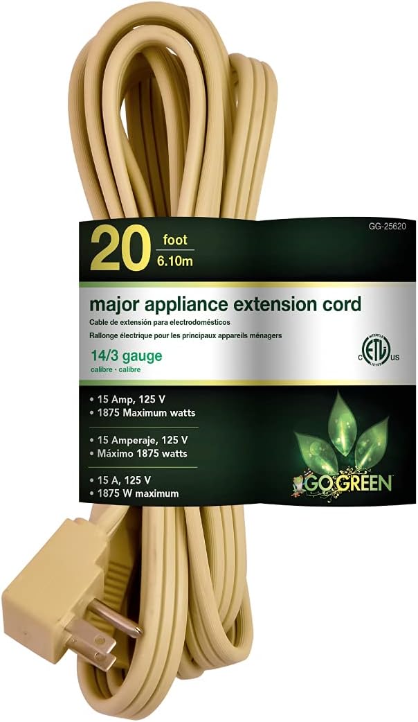 Heavy Duty 20ft Beige Appliance Cord - 14/3 SPT-3, Grounded Plug, Kink-Free - Ideal for Large Indoor Appliances by GoGreen Power Inc.