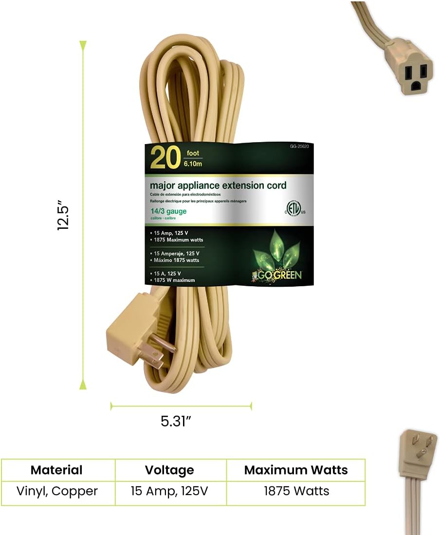 Heavy Duty 20ft Beige Appliance Cord - 14/3 SPT-3, Grounded Plug, Kink-Free - Ideal for Large Indoor Appliances by GoGreen Power Inc.