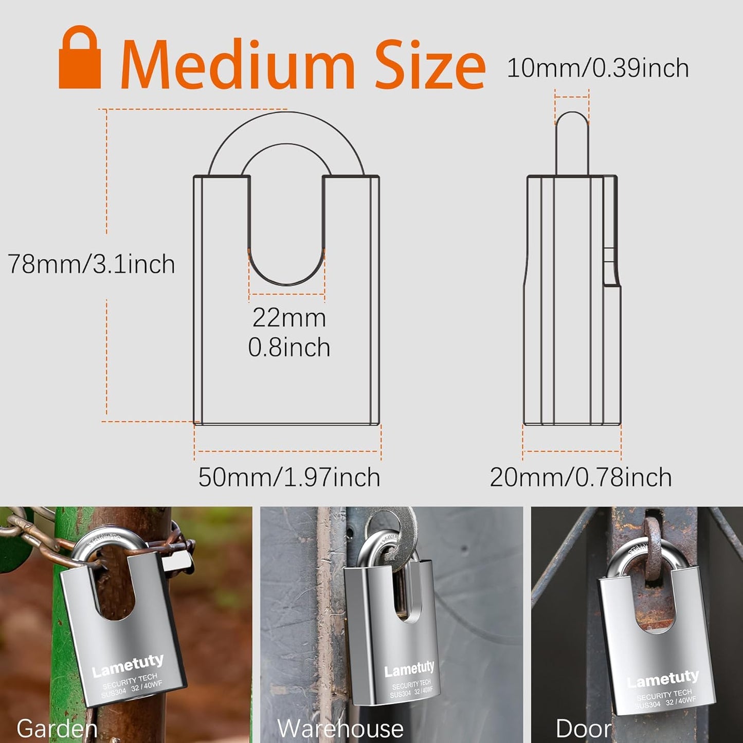 Heavy Duty 50mm Stainless Steel Outdoor Padlock with 3 Keys - Weatherproof & Anti Rust Security Lock for Door, Gate, Garden, Garage, Fence, Warehouse, Tool Box - WildKart