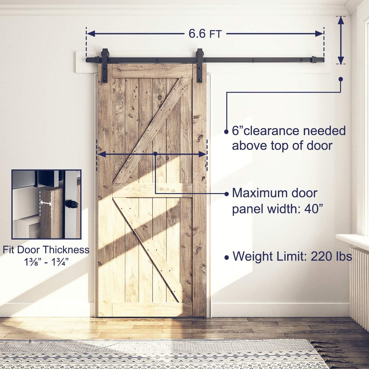 Heavy Duty 6.6 Ft Sliding Barn Door Hardware Kit - Smooth & Quiet - Easy to Install - Fits 40" Wide Door Panel - Step-by-Step Instructions (J Shape Hanger)