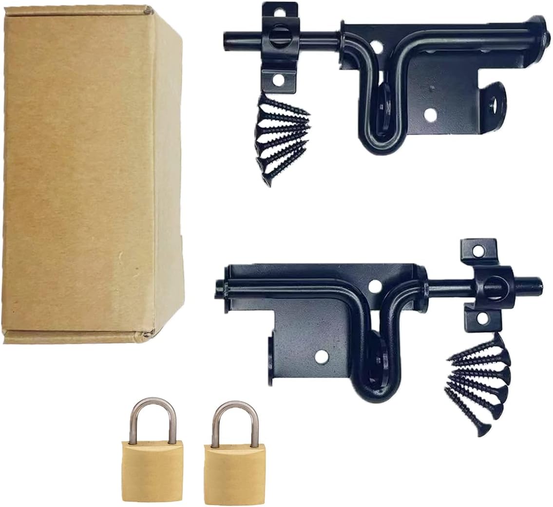 Heavy Duty Black Slide Bolt Gate Latch Set with Padlock Hole - Ideal for Wooden Fence, Barn Door, Shed Door, Yard Door - Includes Screws and Keyed Padlocks