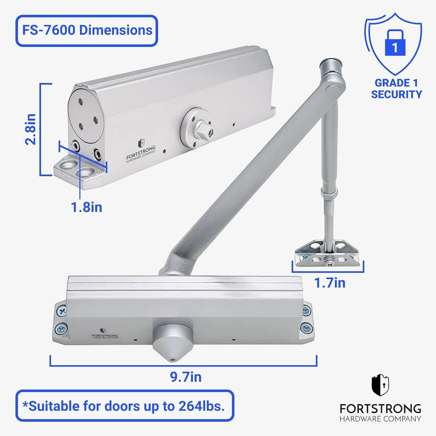 Heavy Duty Commercial Door Closer (Silver) - UL Listed Grade 1 ADA Hydraulic Automatic Door Closer - FS-7600