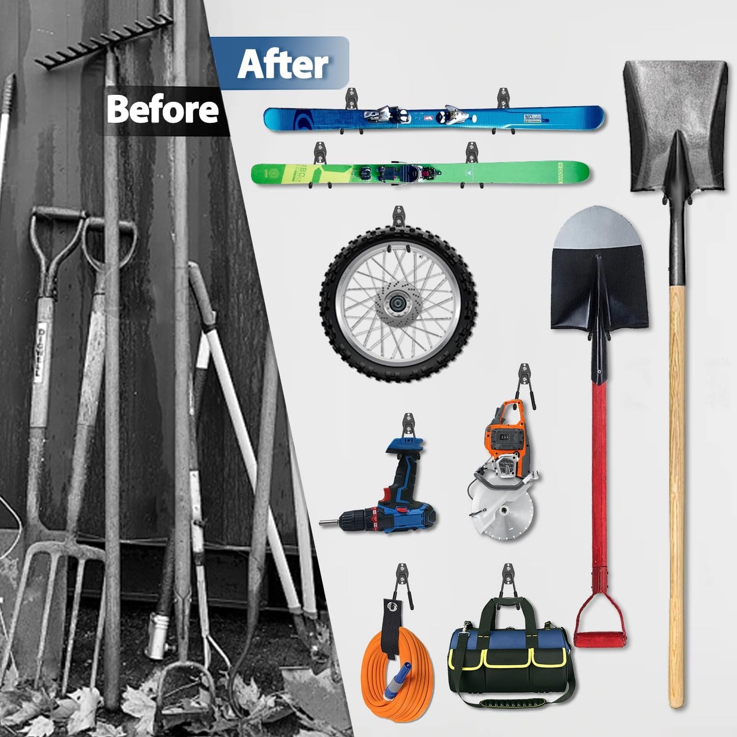 Heavy Duty Garage Wall Hooks Set - 14 Pack for Hanging Garden, Lawn, Yard Tools, Chairs, Ladders, WeedEater, Shovel, Blower - Black Color with Extra Welding Spots for Durability