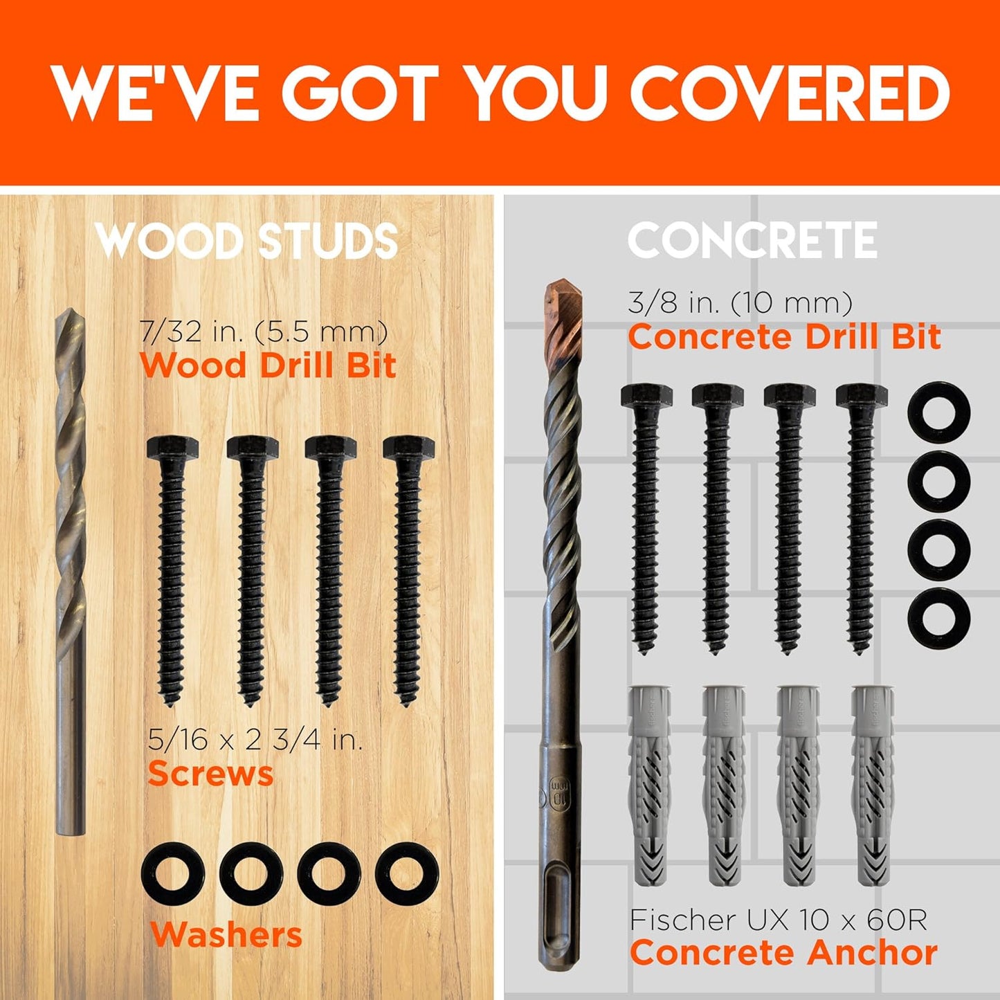 Heavy Duty Lag Bolt Kit for TV Mounting in Wood or Concrete - Includes Bolts, Anchors, and Drill Bits