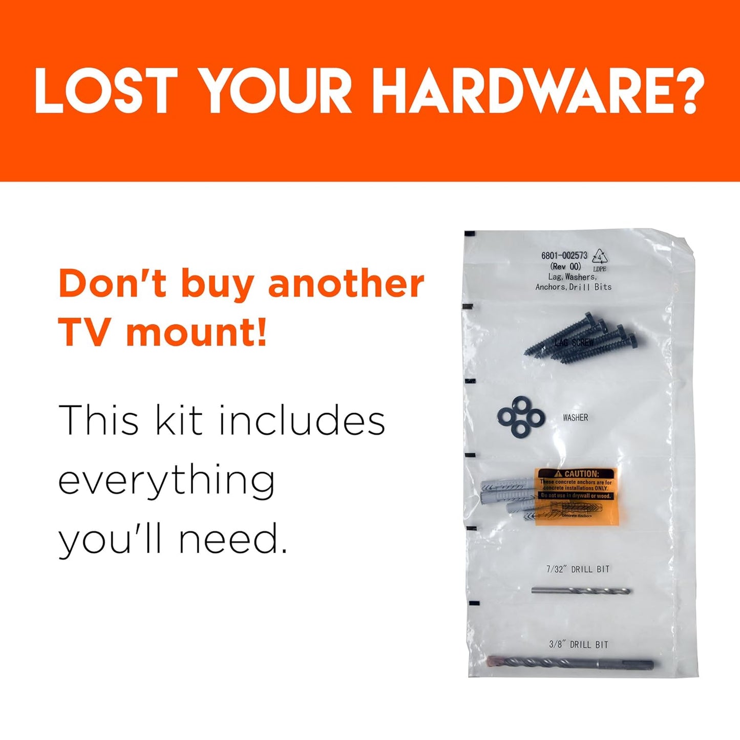 Heavy Duty Lag Bolt Kit for TV Mounting in Wood or Concrete - Includes Bolts, Anchors, and Drill Bits
