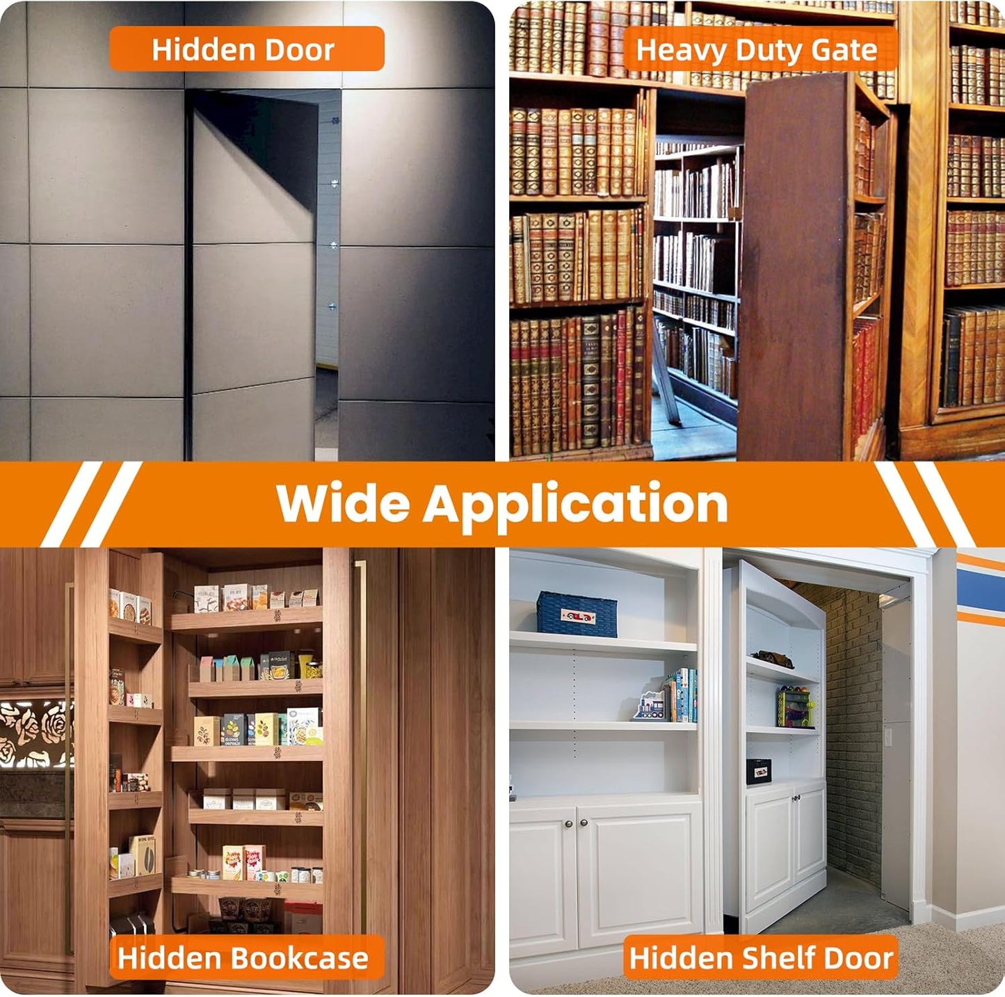 Heavy Duty Pivot Hinge Kit for Hidden Door - 2 Pairs, 570LBS Load-Bearing, 360° Rotation - Ideal for Bookcase, Murphy Door, Secret Door - Invisible Hardware