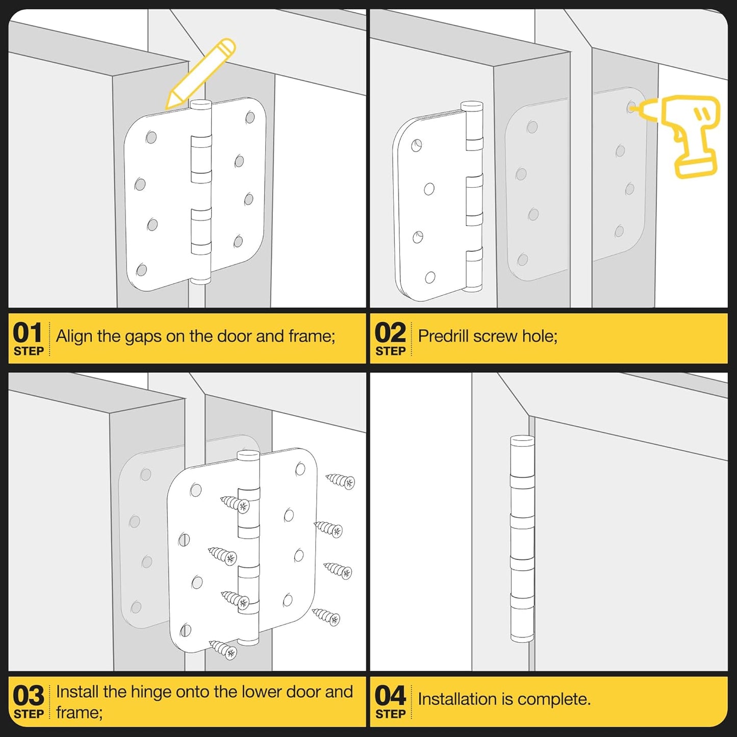Heavy Duty Stainless Steel Ball Bearing Door Hinges, 4 x 4 Inches with 5/8'' Radius Corner, Smooth & Quiet Operation, Brushed Nickel Finish, 3 Pack