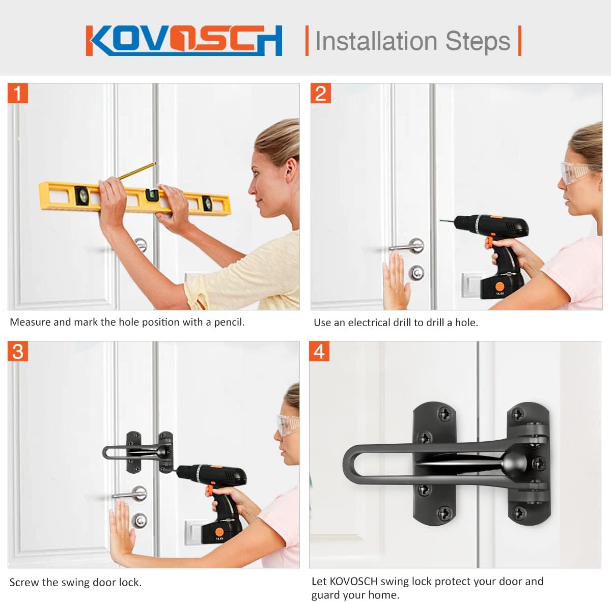 Heavy Duty Swing Bar Lock 4 Pack - Black Door Security Guard for Front Doors - Sturdy Zinc Alloy Kovosch Lock