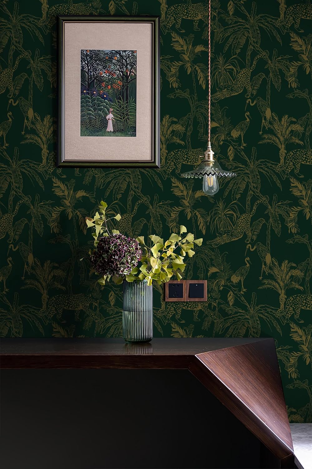 Heroad Brand Peel and Stick Wallpaper in Boho Dark Green and Gold Cheetah Jungle Design - Removable Waterproof Contact Paper for Cabinets - 17.3"x78.7