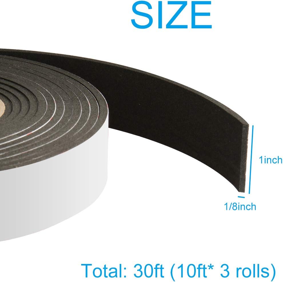 High Density Foam Tape Weather Stripping Window Seal - 1"Wx1/8"T Adhesive Closed Cell Weather Strip - Total 30FT - Black