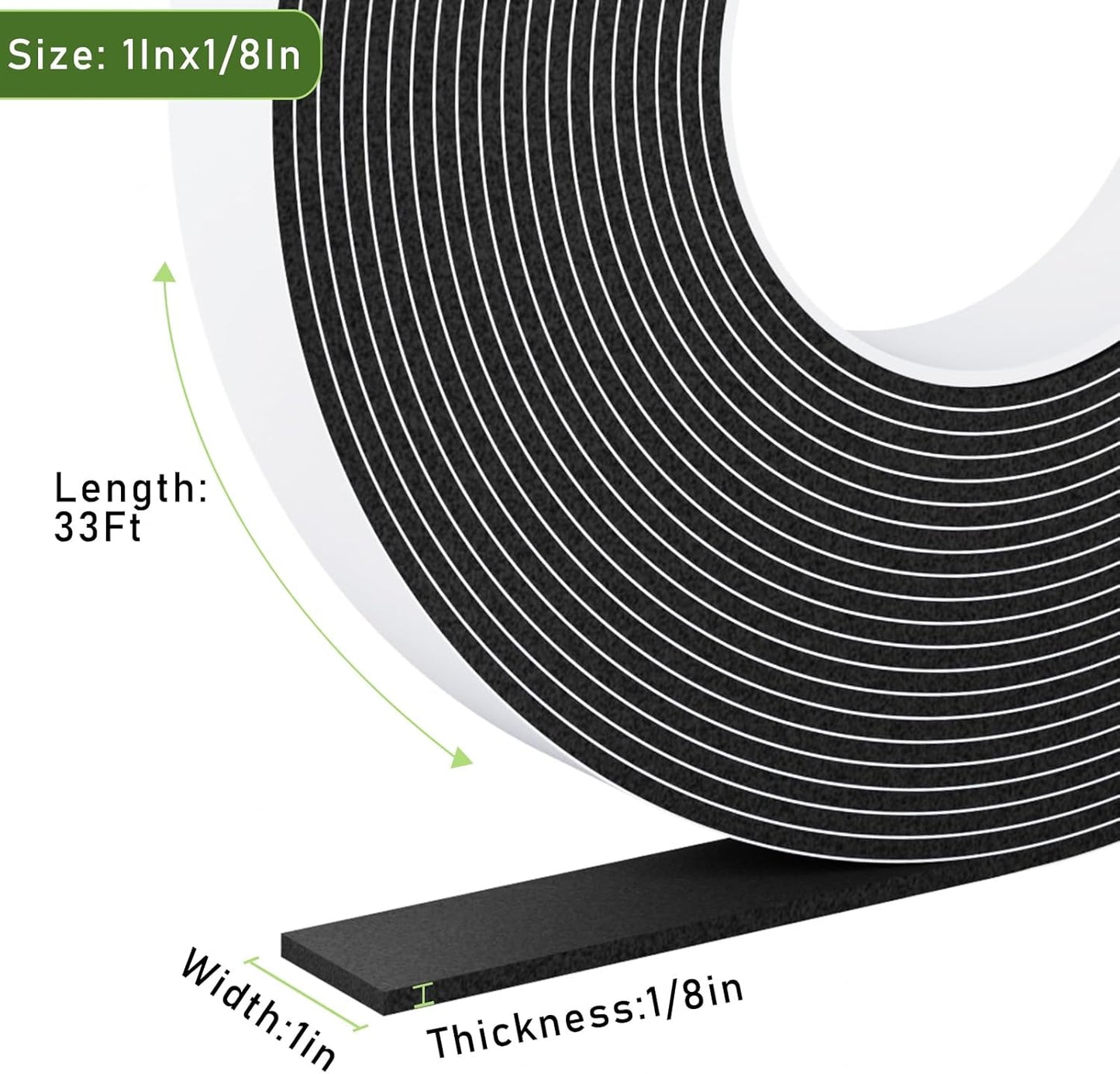 High Density Foam Weather Stripping Door Seal, 1" Wide X 1/8" Thick, Self Adhesive Tape Roll for Air Conditioner Window, Soundproof Seal Strip, 33ft Long