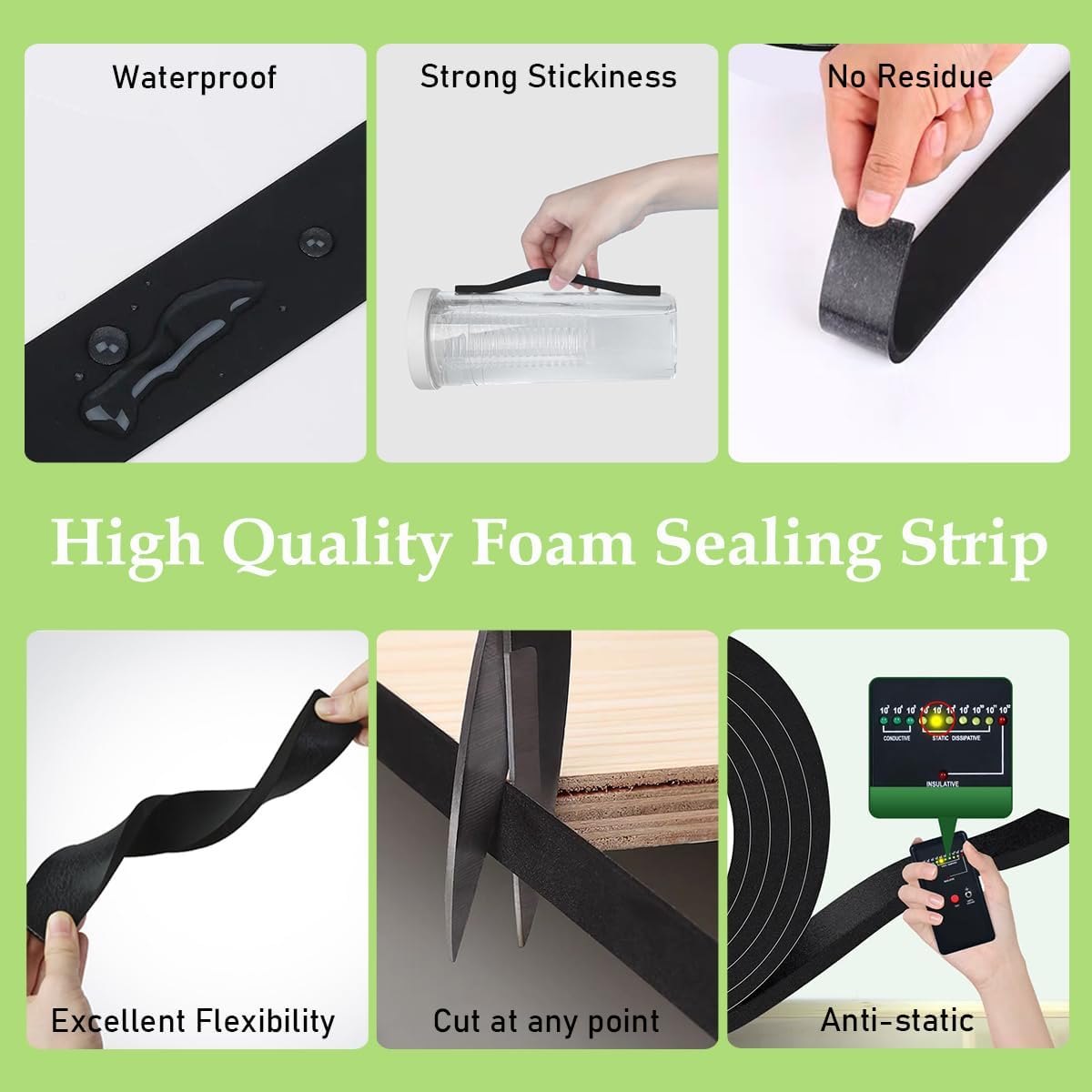High Density Foam Weather Stripping Door Seal, 1" Wide X 1/8" Thick, Self Adhesive Tape Roll for Air Conditioner Window, Soundproof Seal Strip, 33ft Long