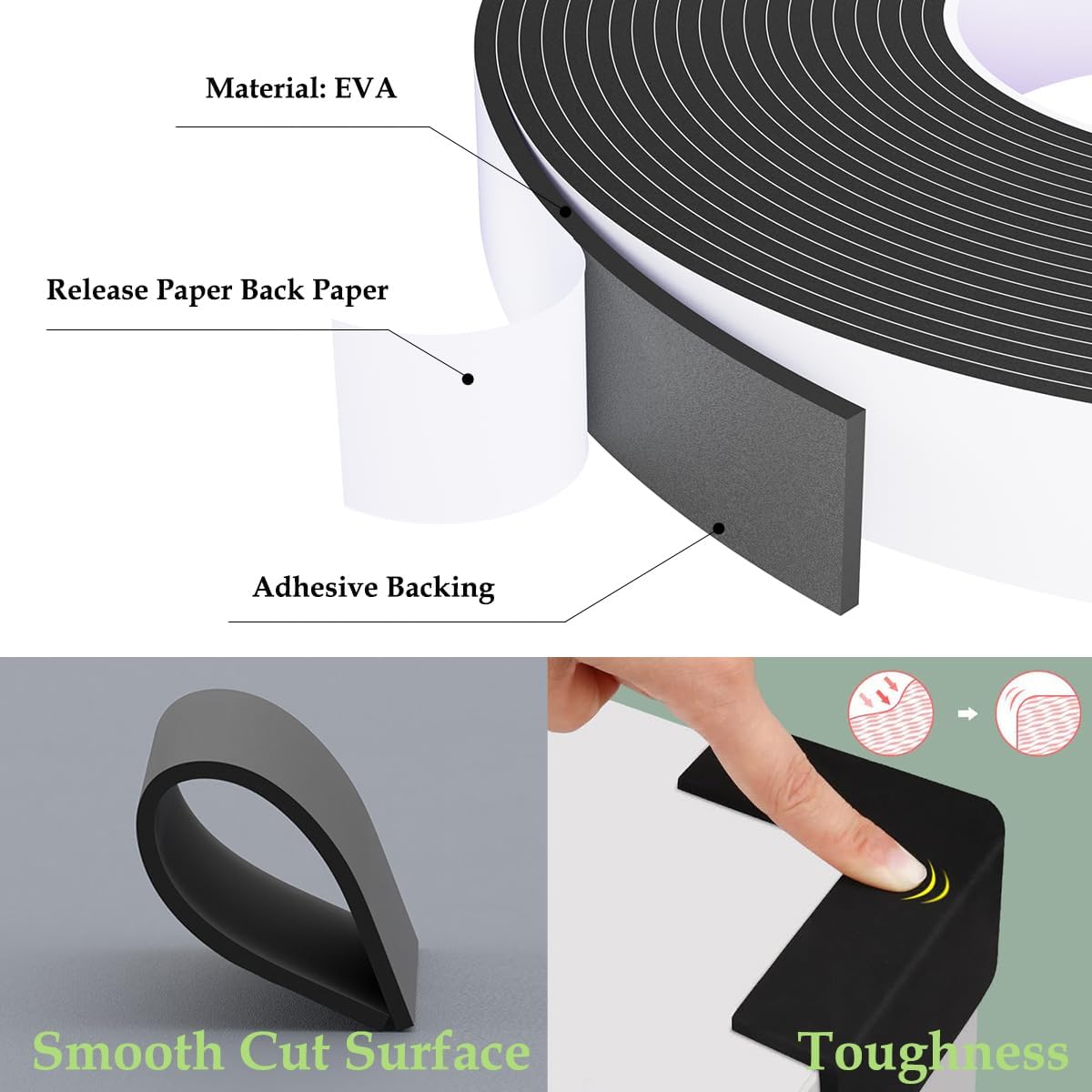 High Density Foam Weather Stripping Door Seal, 1" Wide X 1/8" Thick, Self Adhesive Tape Roll for Air Conditioner Window, Soundproof Seal Strip, 33ft Long