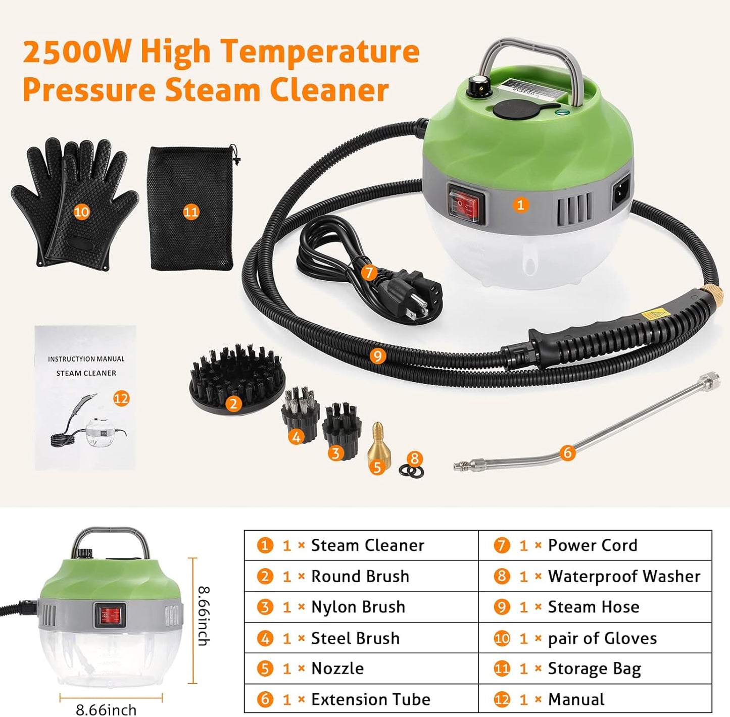High Pressure Handheld Steamer for Cleaning - Portable Electric Steam Cleaner for Car Detailing, Home, Kitchen, Floors - WICHEMI (1800W, Green)