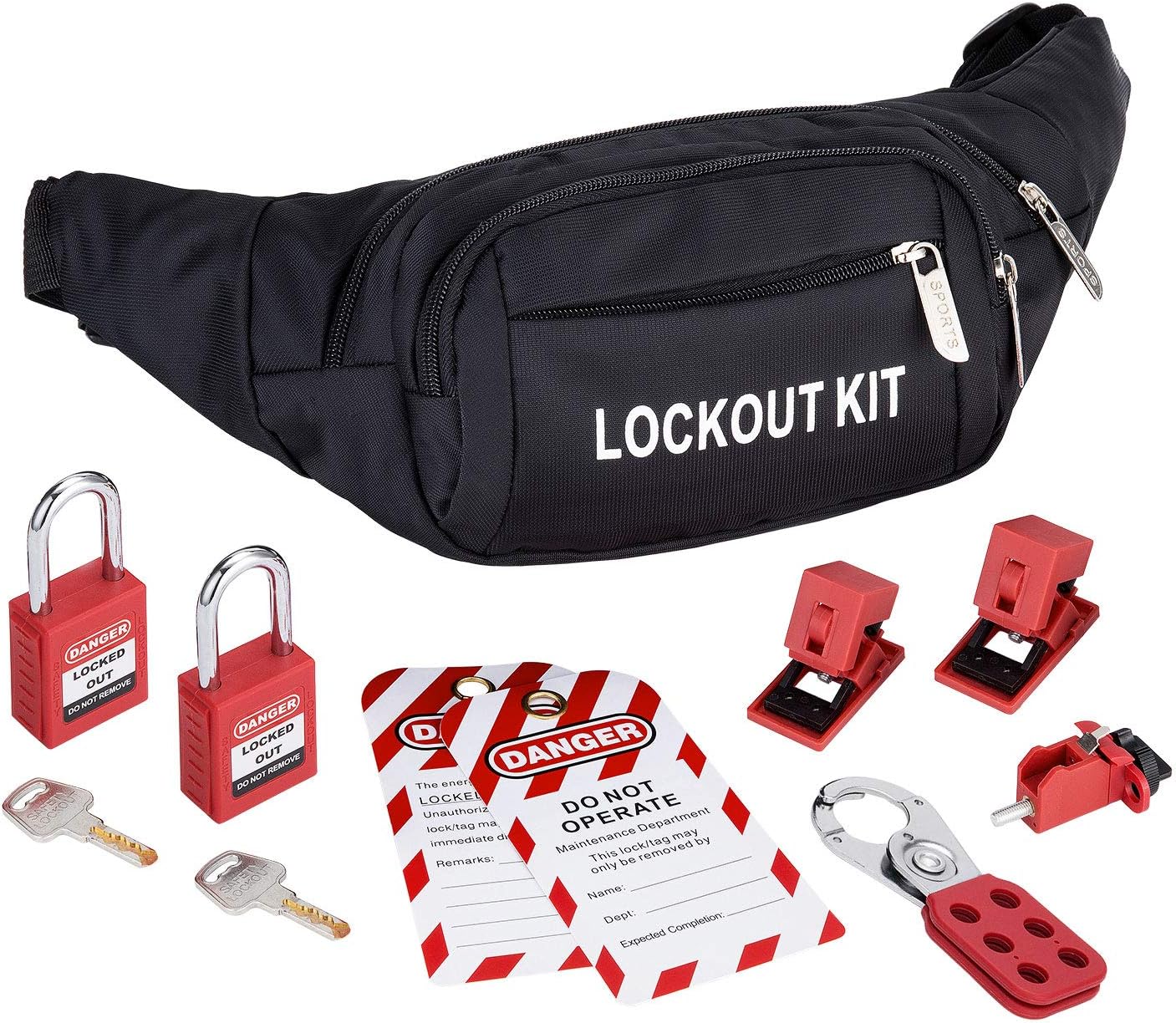 Holulo Lockout Tagout Kit with Breaker Lockout, Hasp, Padlock, and Bag - 8 Piece Set for Valves and Common Breakers
