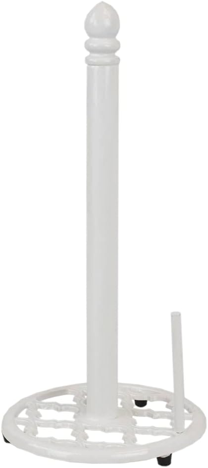 Home Basics White Cast Iron Lattice Design Countertop Paper Towel Holder with Tear-Arm and Non-Skid Feet for Kitchen