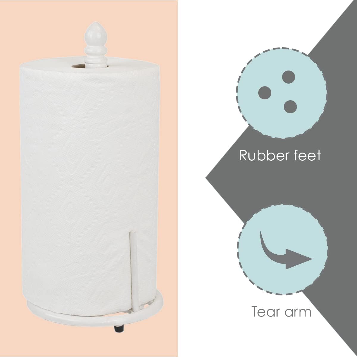 Home Basics White Cast Iron Lattice Design Countertop Paper Towel Holder with Tear-Arm and Non-Skid Feet for Kitchen