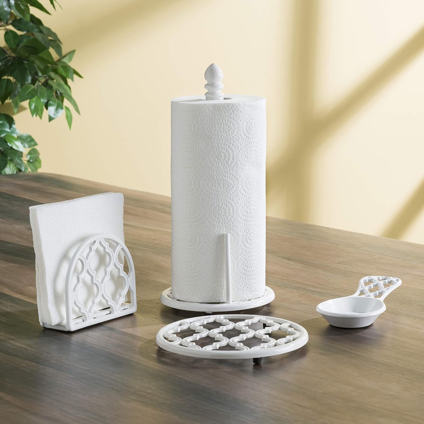 Home Basics White Cast Iron Lattice Design Countertop Paper Towel Holder with Tear-Arm and Non-Skid Feet for Kitchen