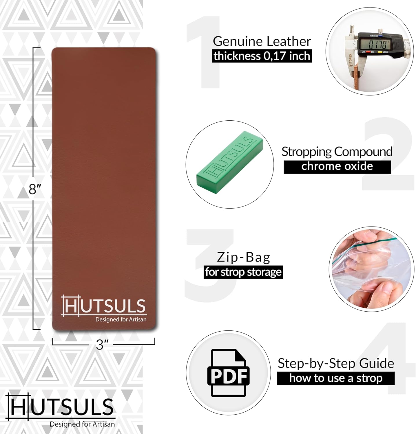 Hutsuls Brown Leather Strop Kit with Green Honing Compound - Achieve Razor-Sharp Edges with Two-Sided Knife Sharpener and Step-by-Step Guide