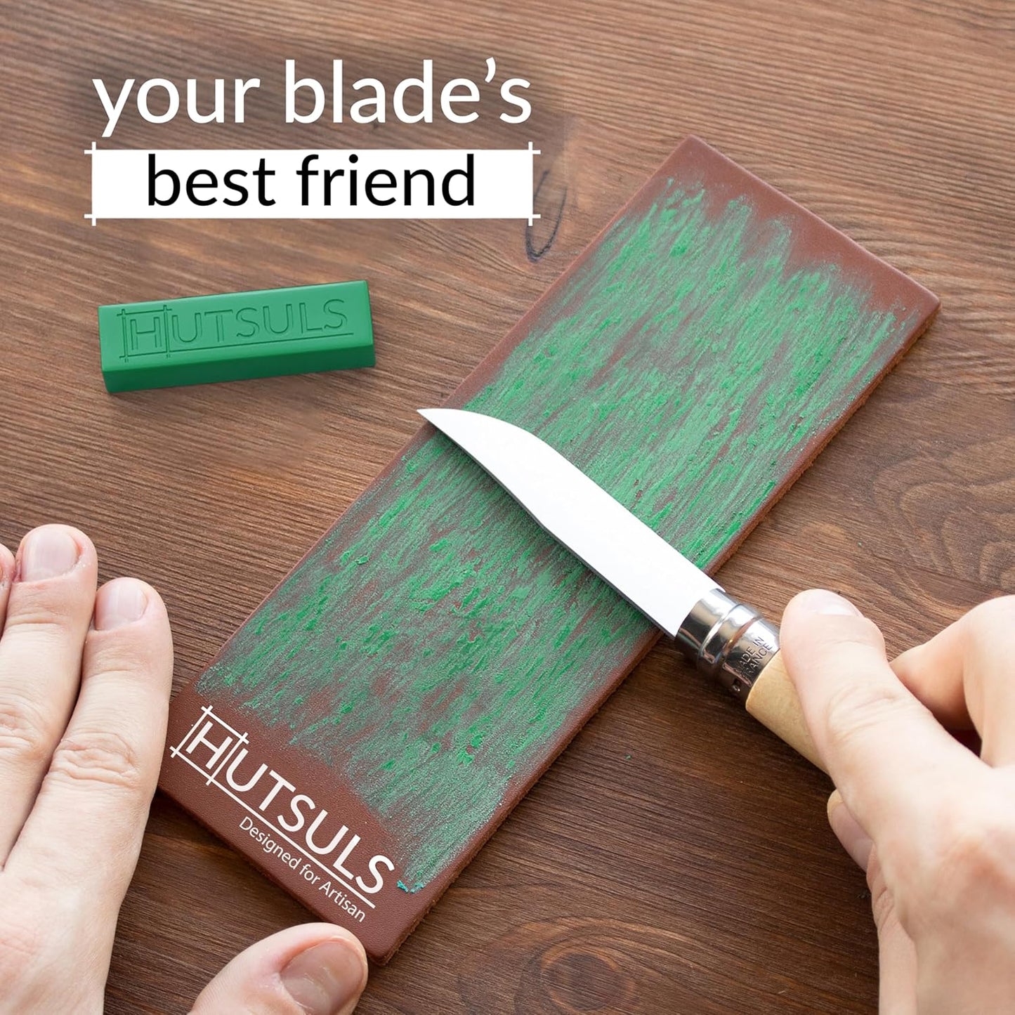 Hutsuls Brown Leather Strop Kit with Green Honing Compound - Achieve Razor-Sharp Edges with Two-Sided Knife Sharpener and Step-by-Step Guide