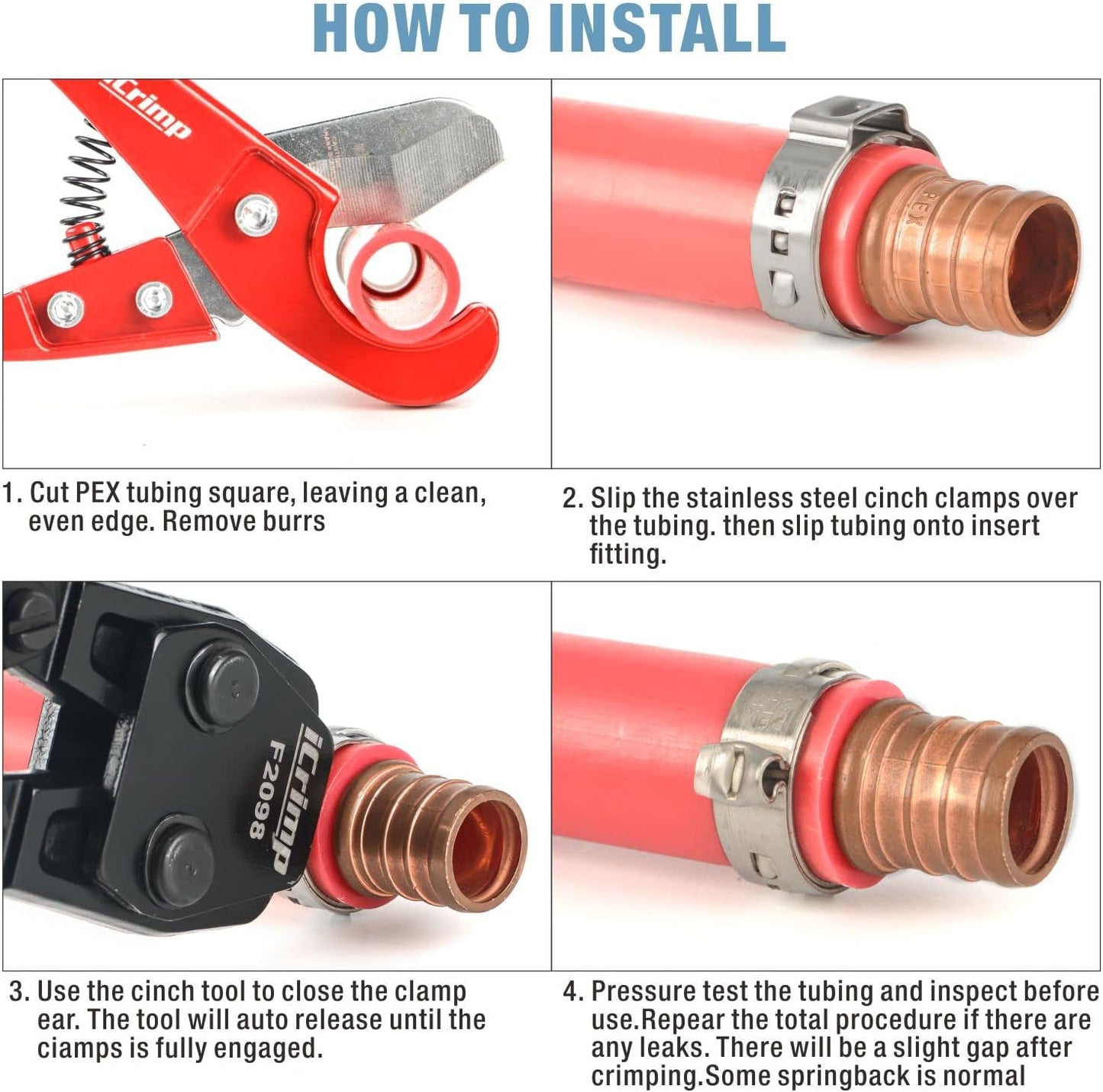 iCrimp PEX Clamp Cinch Tool Set with Pipe Cutter - Fits 3/8" to 1" Stainless Steel Clamps - ASTM F2098 Compliant - Blue & Red