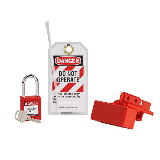 Industrial Forklift Safety Lockout Tagout Kit with Electrical Battery Connector Lockout Device, Red Safety Padlock, and Loto Tag - 153676 - WildKart
