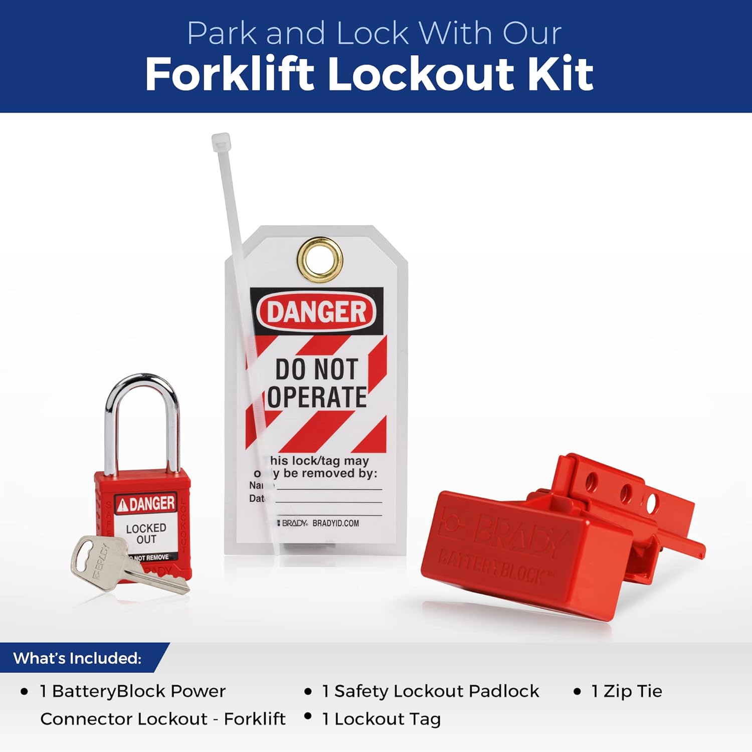 Industrial Forklift Safety Lockout Tagout Kit with Electrical Battery Connector Lockout Device, Red Safety Padlock, and Loto Tag - 153676 - WildKart
