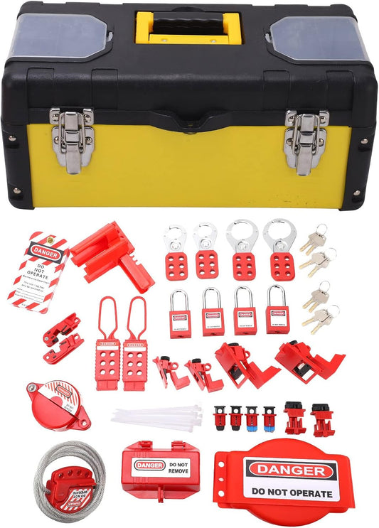 Industrial Lockout Tagout Kit with Safe Padlocks, Circuit Breaker Lock Hasps, Loto Tags, and Steel Cable Toolbox - Electrical and Ball Valve Lockout for Chemical Plants