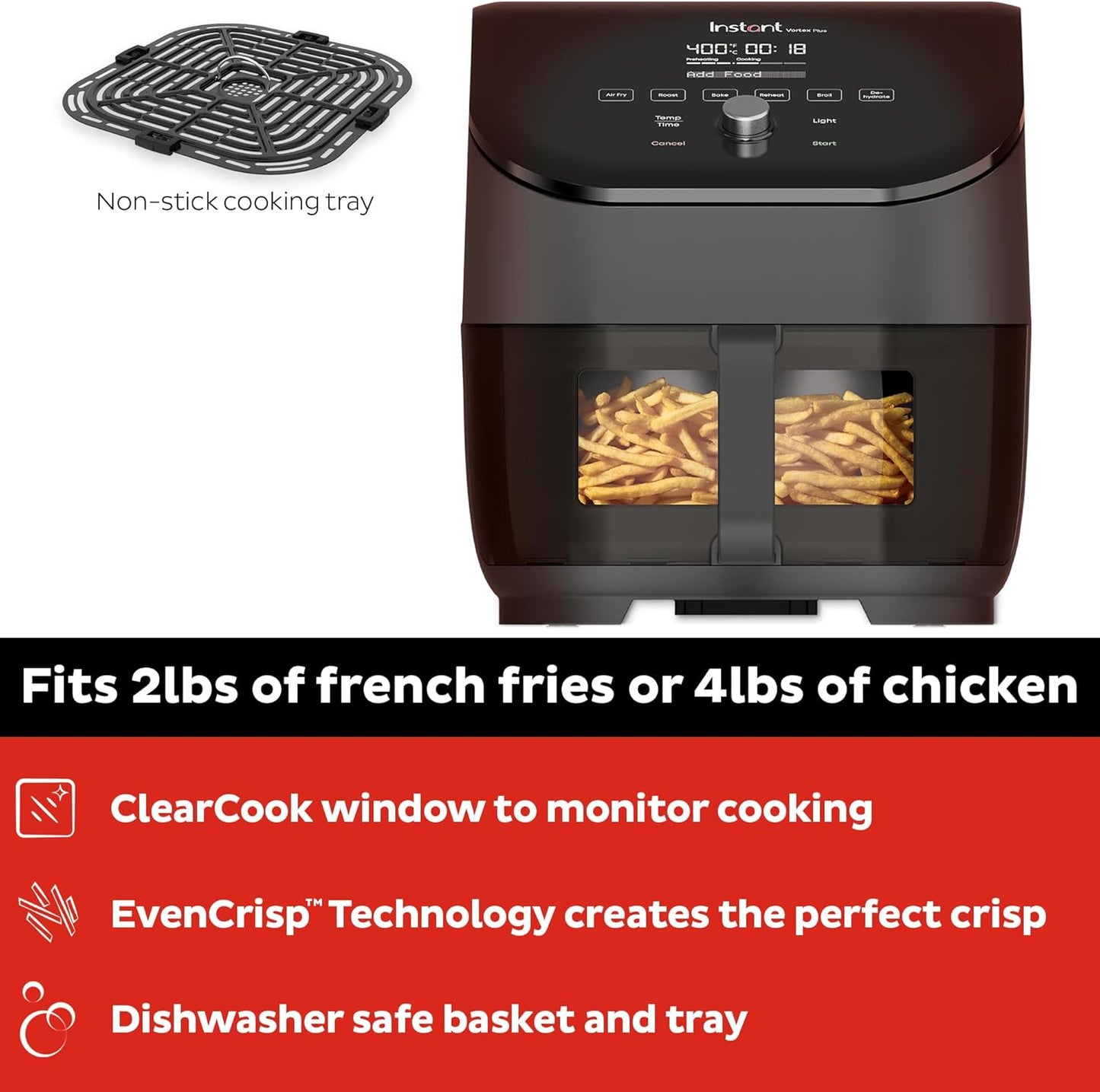 Instant Pot Vortex Plus 6QT ClearCook Air Fryer, 6 Functions, Custom Programs, Clear Windows, Black