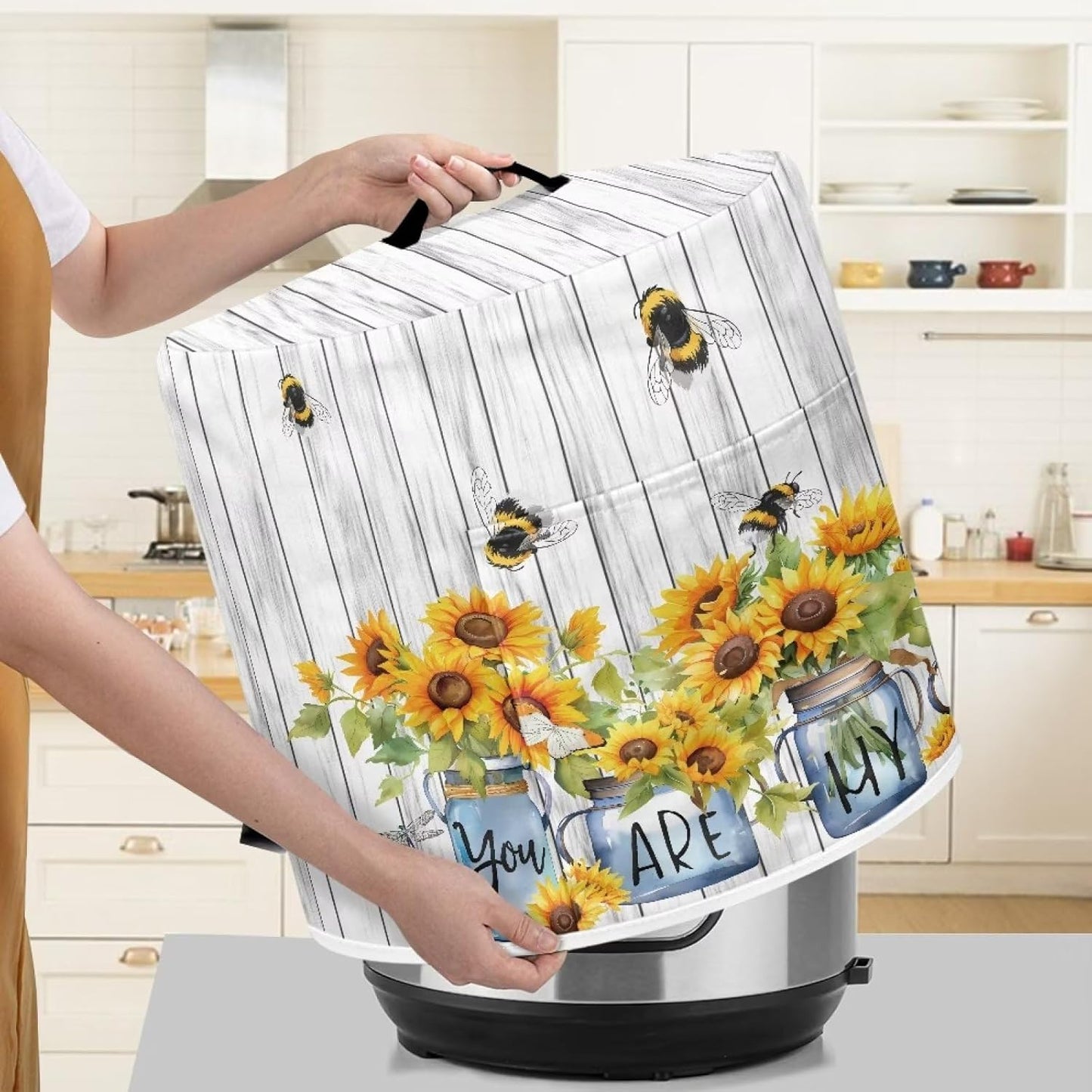 Insulated Pressure Cooker Cover for 3 Quart Appliances - Fits Rice Cooker, Air Fryer, Crock Pot - Washable Dust Cover with Pocket for Utensils and Recipes - Sunflower Vase Bee Design