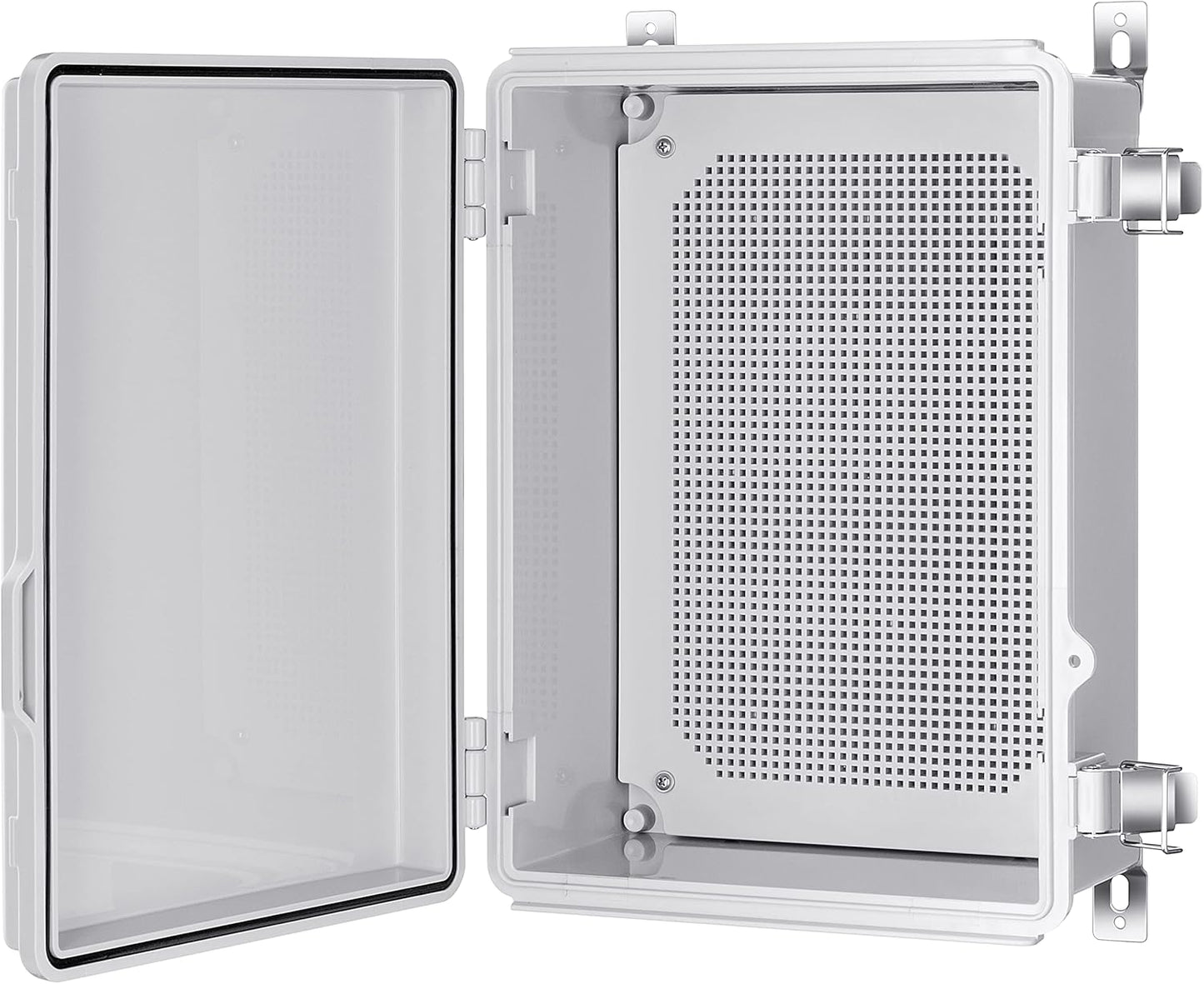 IP67 Waterproof Plastic Junction Box for Electrical Projects, Hinged Grey Cover, Mounting Plate, Wall Bracket - 370x270x150mm