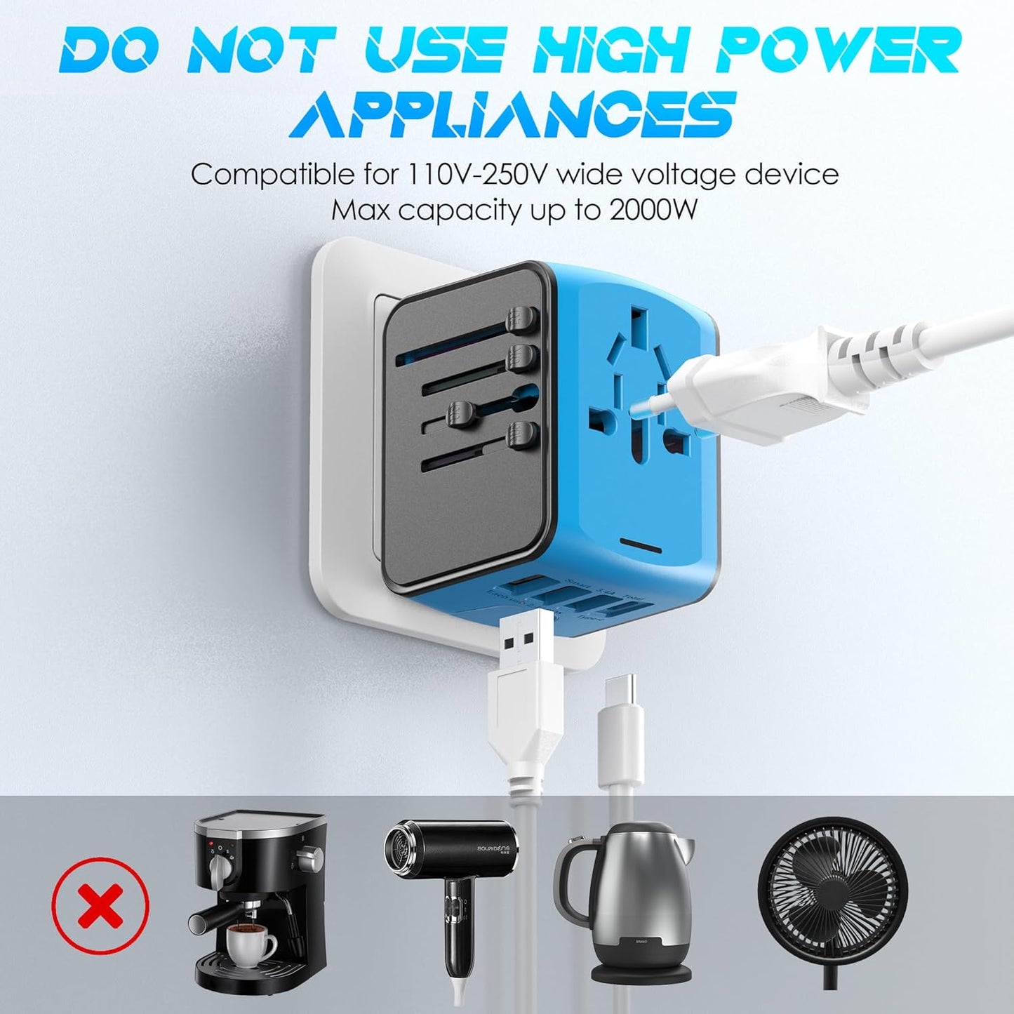ISIX Universal Travel Adapter with 4 USB Ports & AC Outlet - Worldwide Plug Charger for US to Europe, UK, AUS