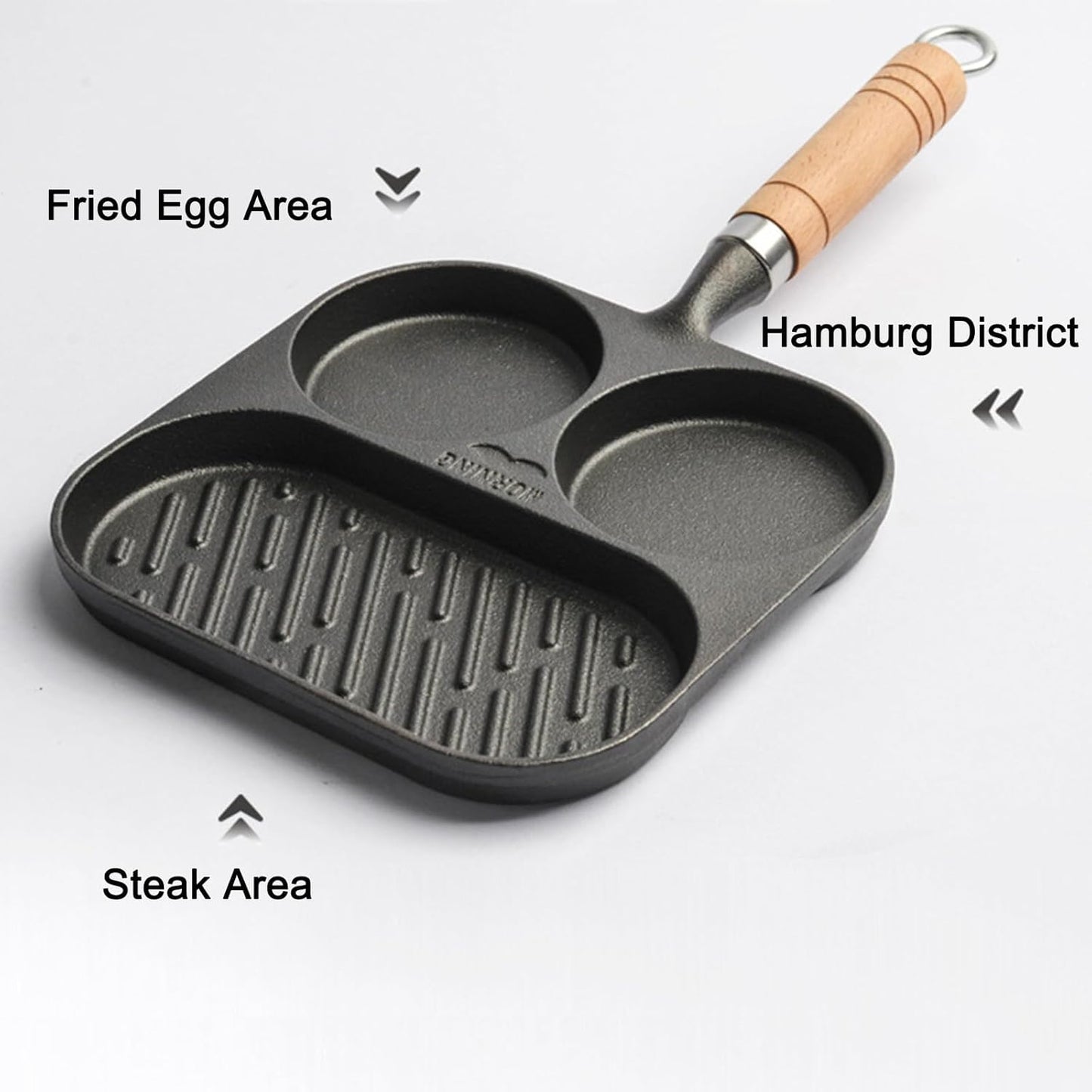 JUSTUP 3-Section Cast Iron Egg Pan with Wooden Handle - Nonstick Mini Skillet Pan for Breakfast, Steak, and Burgers