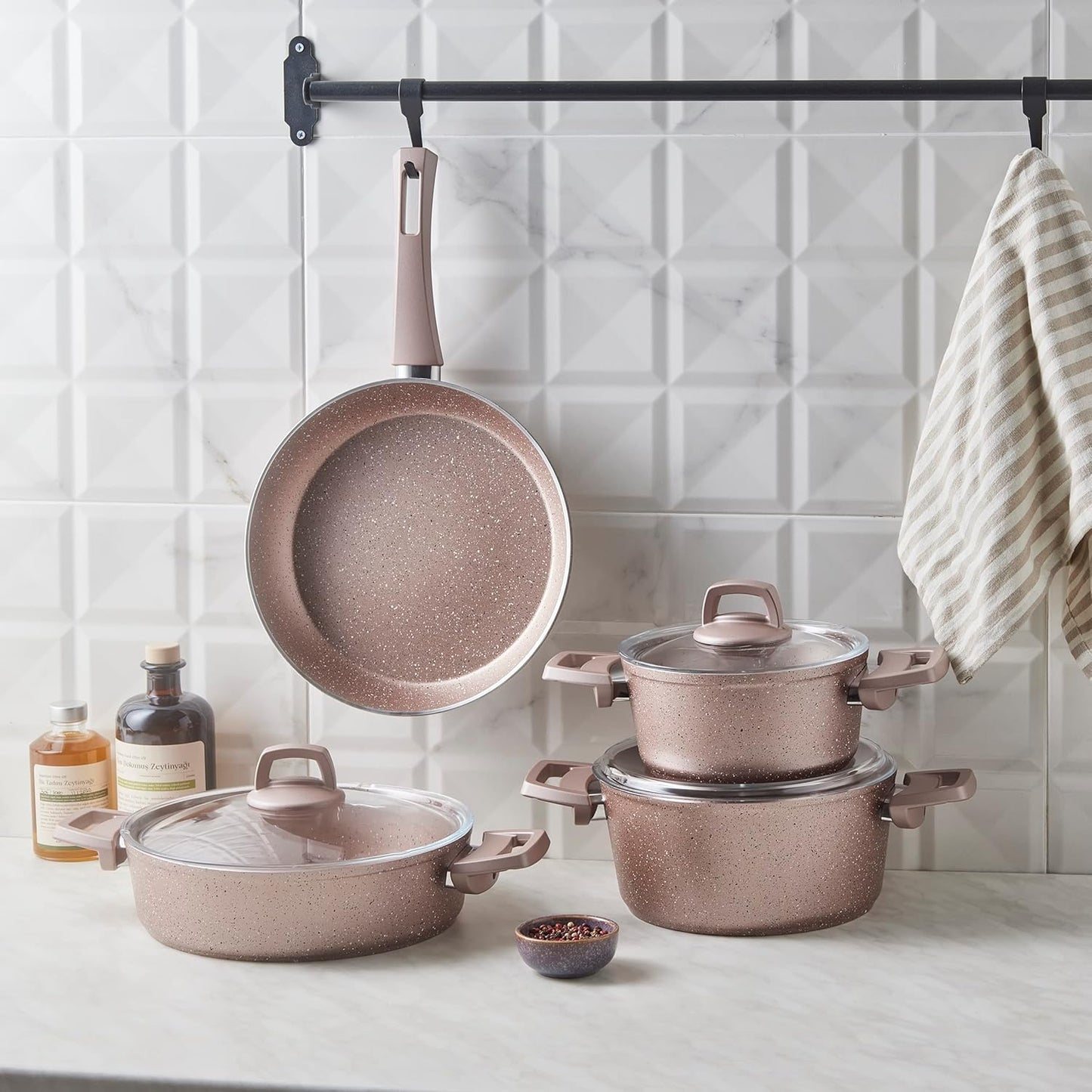 Karaca 7-Piece Non-Stick Granite Induction Cookware Set - PFOA Free, Dishwasher-Safe Pot and Pan Set with Glass Lids - Rose Color