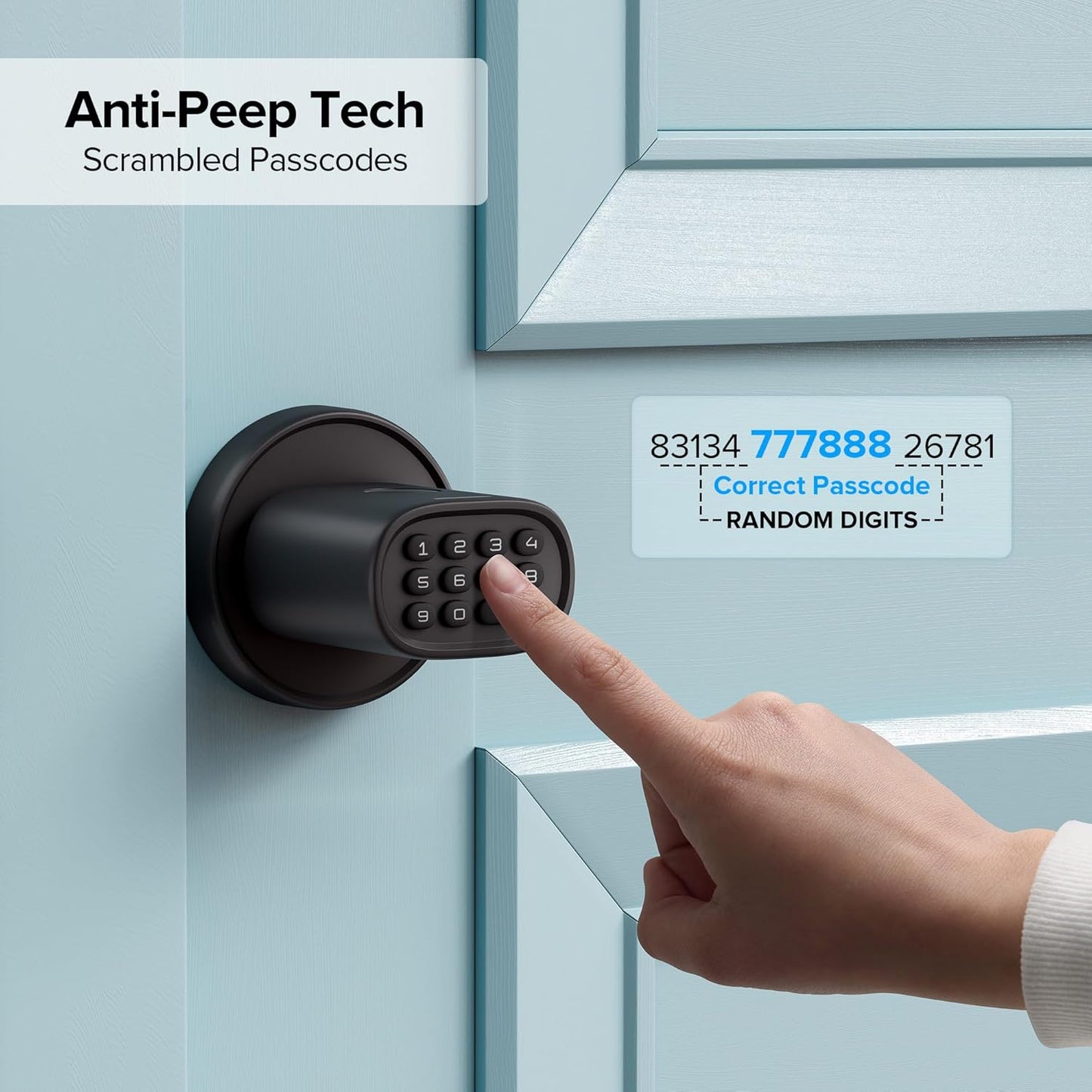 Keyless Entry Fingerprint Door Lock with Keypad Biometric Knob - Auto-Lock for Interior Doors - Bedroom, Home Office, Garage - Black