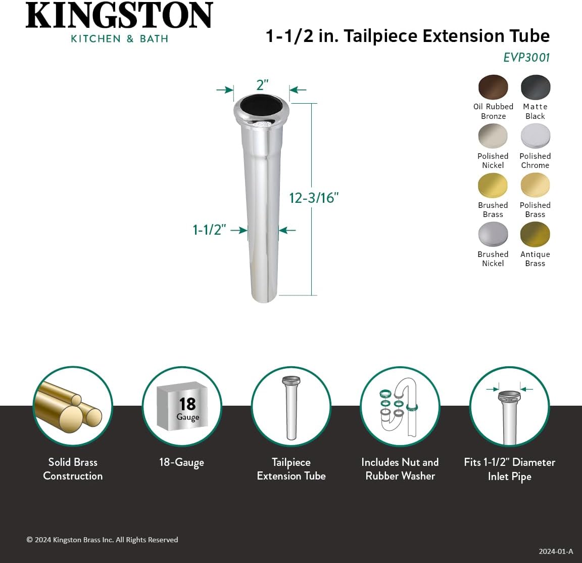 Kingston Brass EVP3007 Century Slip Joint Tailpiece Extension Tube, Brushed Brass - 1-1/2" x 12