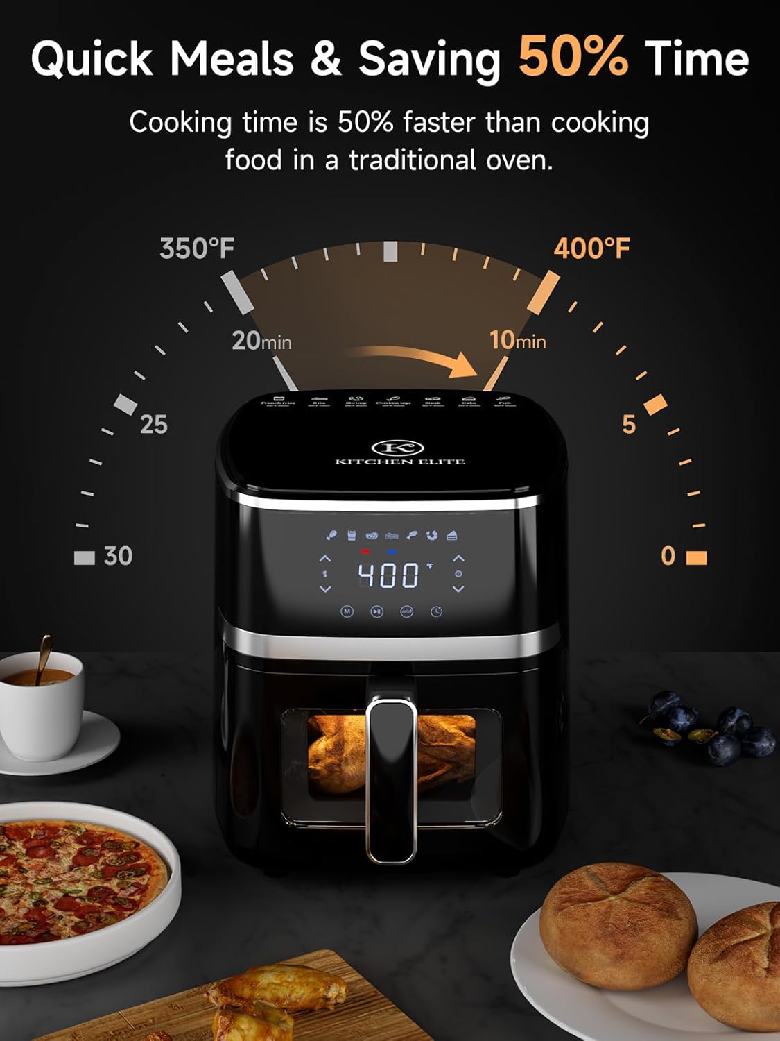 Kitchen Elite Air Fryer Oven 5.28 Qt, 7-in-1 Digital Compact Cooker with Easy View Windows, Nonstick Basket - Black