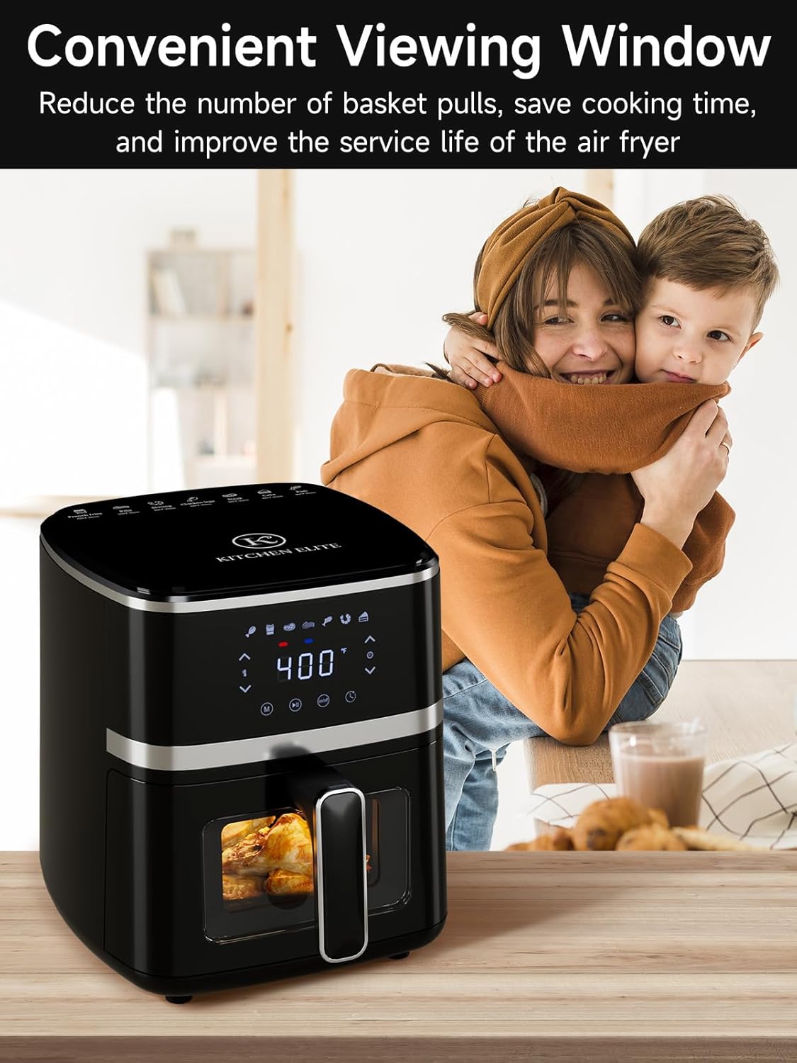 Kitchen Elite Air Fryer Oven 5.28 Qt, 7-in-1 Digital Compact Cooker with Easy View Windows, Nonstick Basket - Black