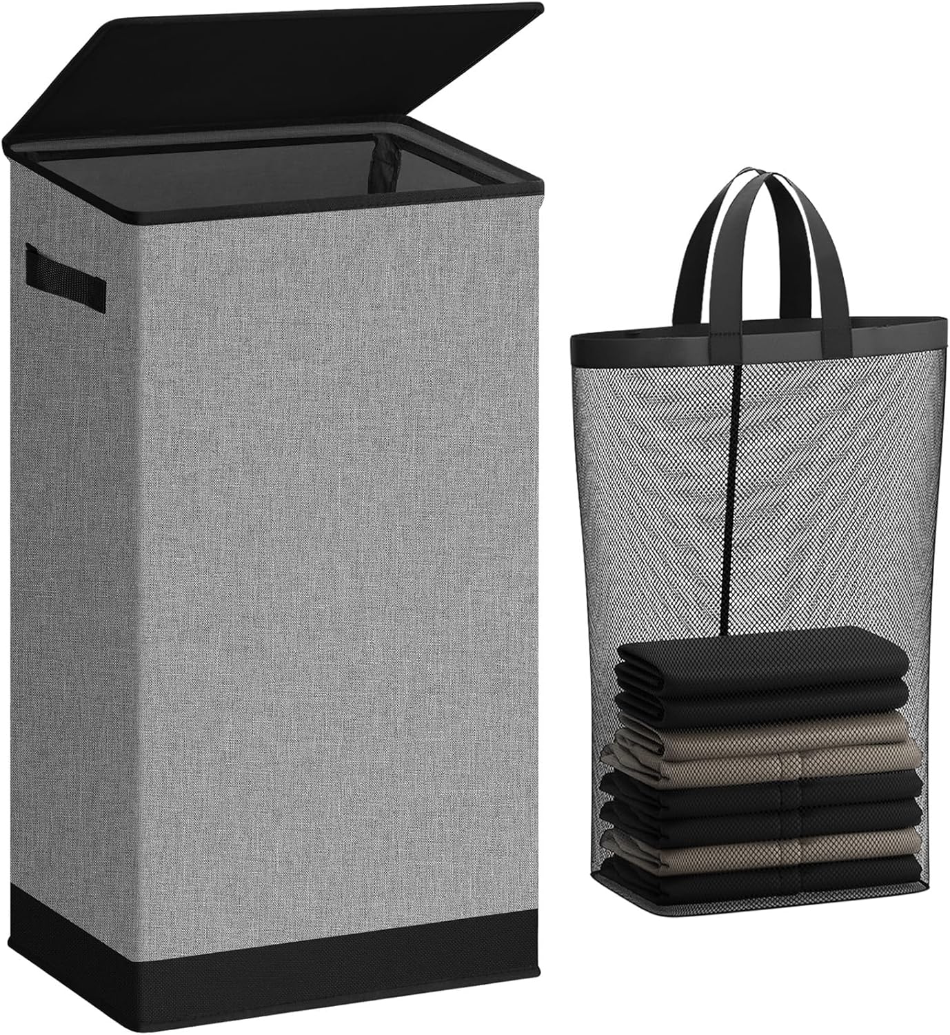 Large 100L Laundry Hamper with Lid and Bag - Collapsible Clothes Basket for Bedroom, Bathroom, Dorm - Easy to Carry and Removable - Dirty Hampers for College - Grey
